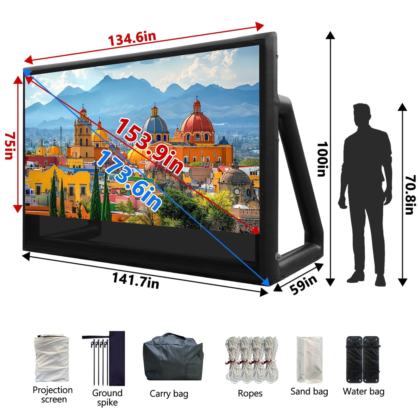 Inflatable Projector Screen, Air-Tight No Blower TPU Tarpaulin Screen, 16ft 16:9 Movie Screen for Outdoor Backyard Pool Camping Party Movie Night