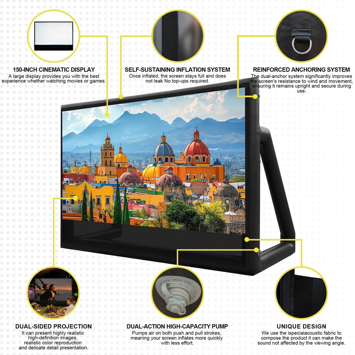 Inflatable Projector Screen, Air-Tight No Blower TPU Tarpaulin Screen, 16ft 16:9 Movie Screen for Outdoor Backyard Pool Camping Party Movie Night