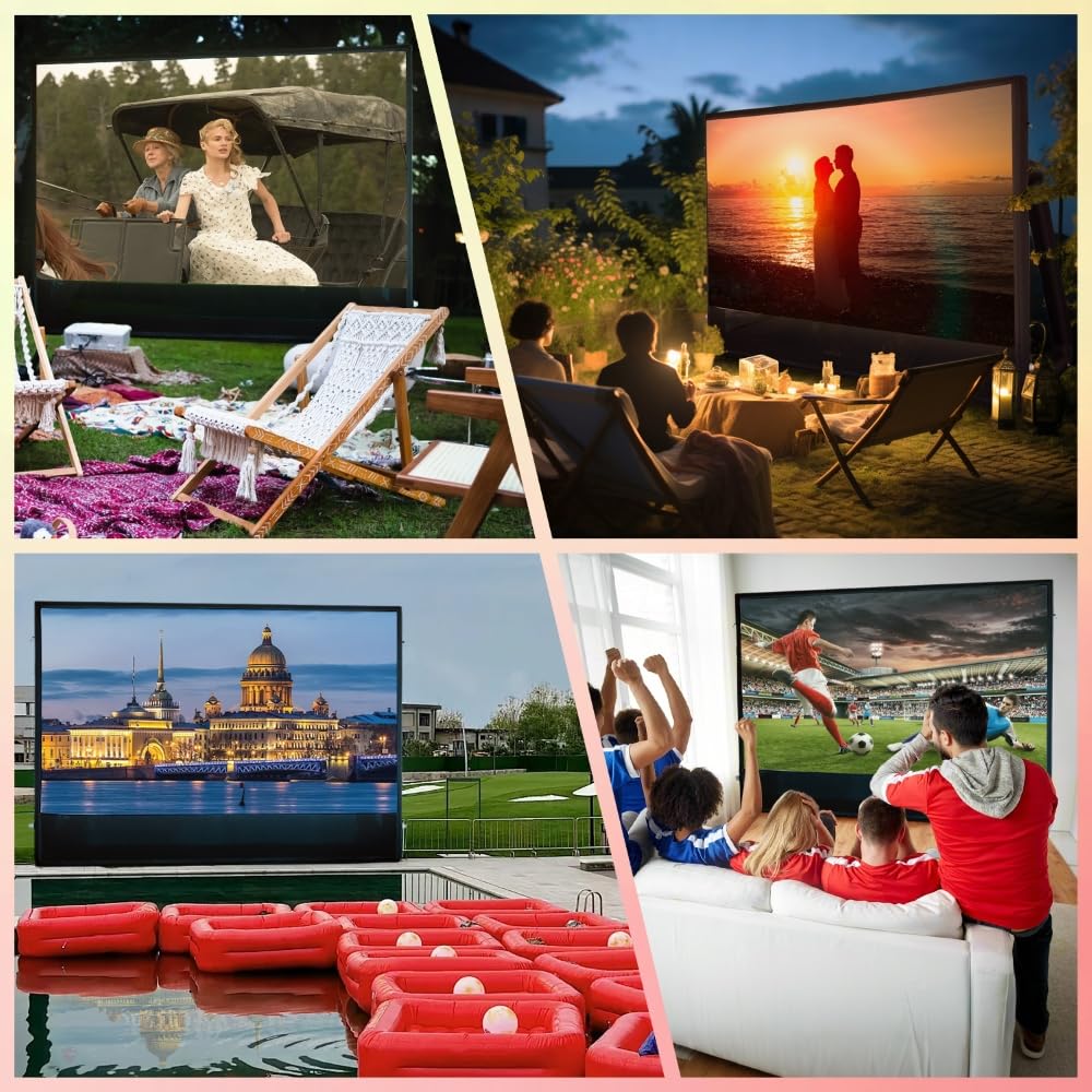 Inflatable Projector Screen, Air-Tight No Blower TPU Tarpaulin Screen, 16ft 16:9 Movie Screen for Outdoor Backyard Pool Camping Party Movie Night