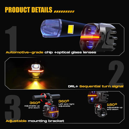120W High Power LED Fog Lights - Amber Auxiliary Driving Lights with DRL & Strobe, IP67 Waterproof for Motorcycle, ATV, UTV and Off-Road Vehicles