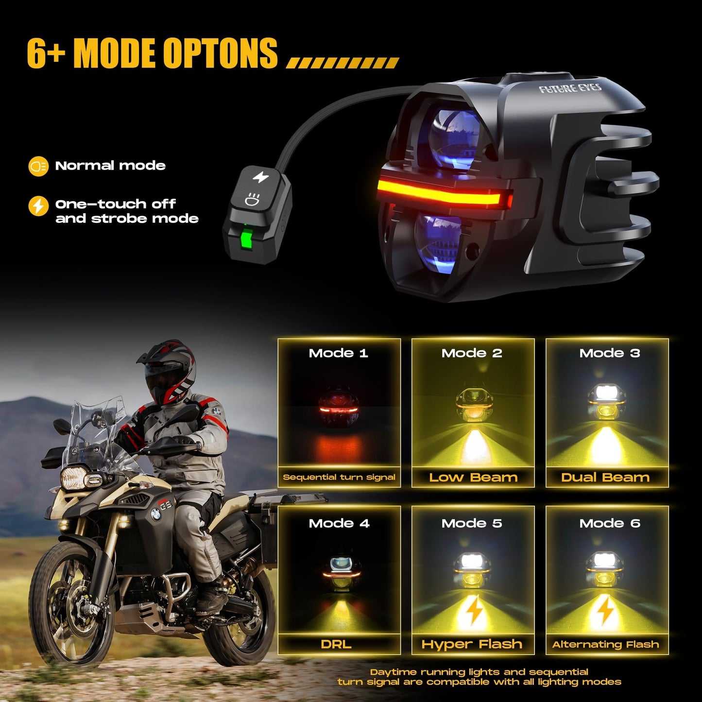 120W High Power LED Fog Lights - Amber Auxiliary Driving Lights with DRL & Strobe, IP67 Waterproof for Motorcycle, ATV, UTV and Off-Road Vehicles