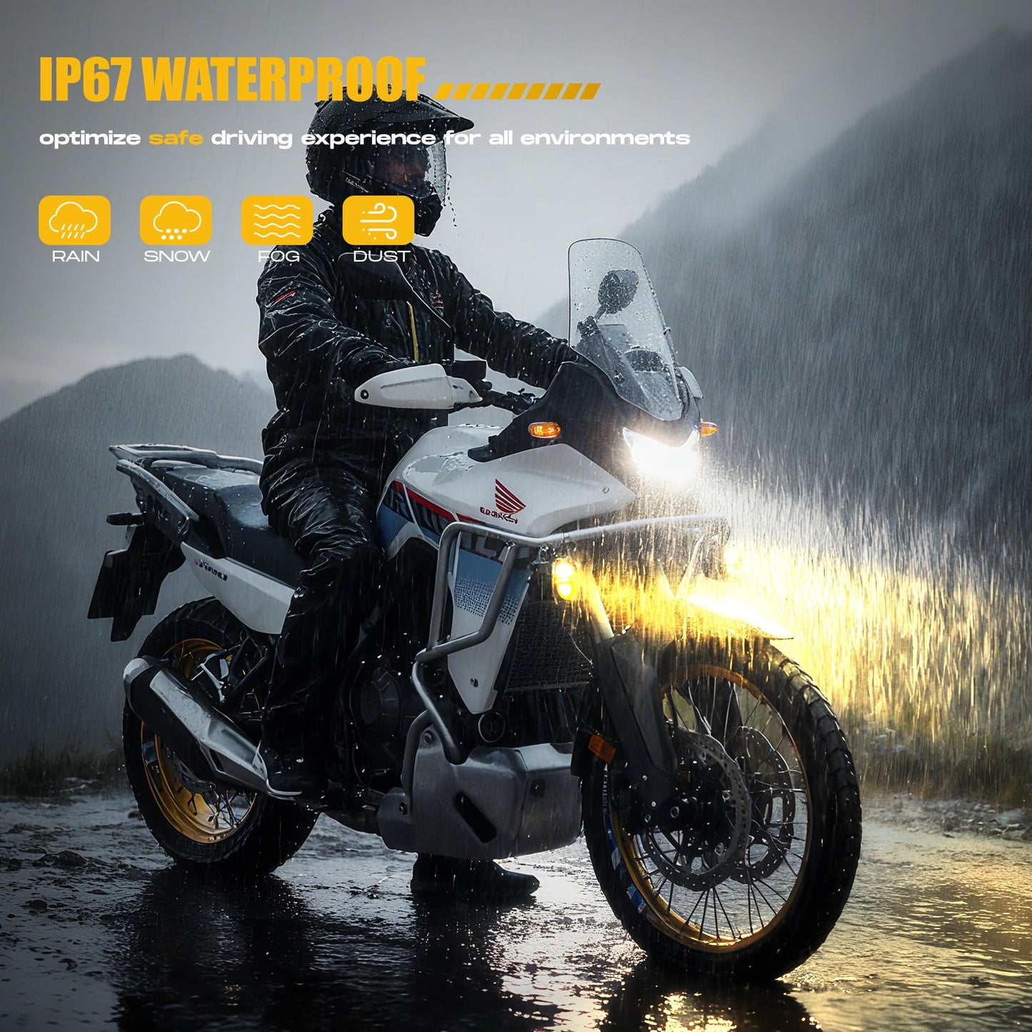 120W High Power LED Fog Lights - Amber Auxiliary Driving Lights with DRL & Strobe, IP67 Waterproof for Motorcycle, ATV, UTV and Off-Road Vehicles